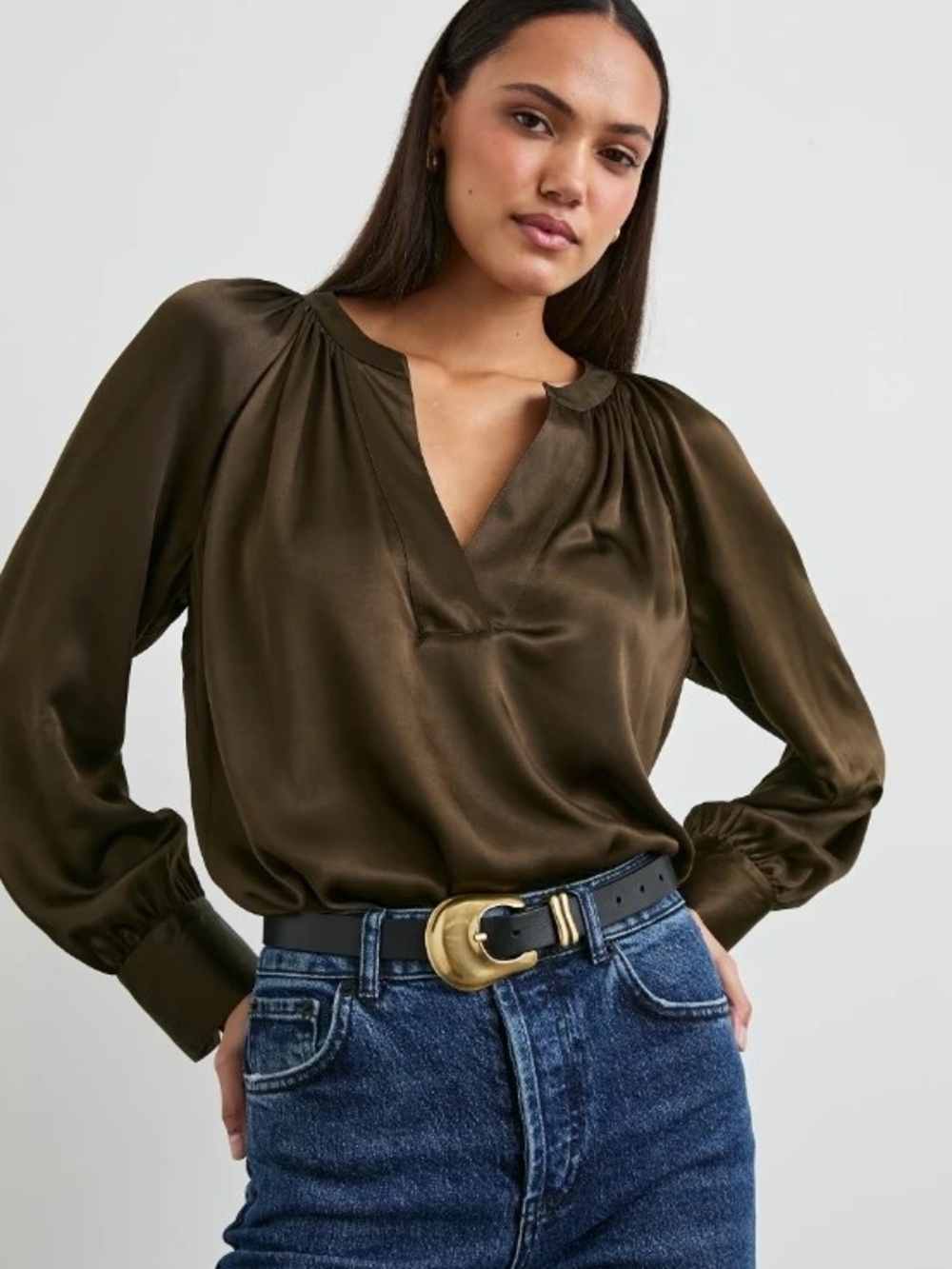 NWT Rails Wynna Satin V-Neck Sleeve Blouse Moss